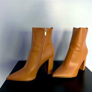 Tan brown block heel pointed toe bootie